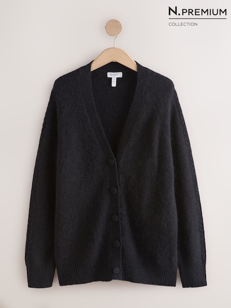 Schwarz - N.premium Long Sleeve Mid-length Deep V Knit Cardigan
