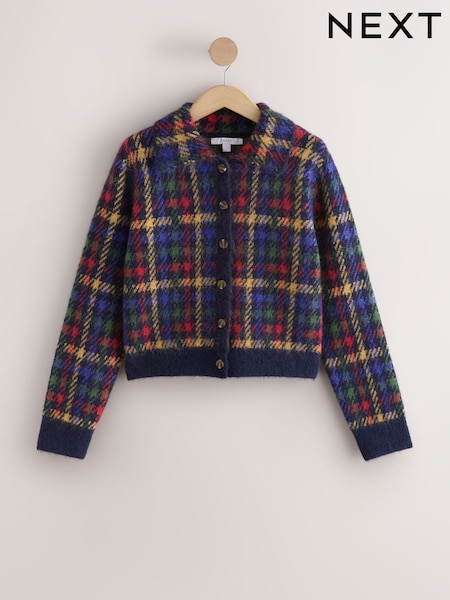 Marineblau/mehrfarbig kariert - Strickjacke mit Kragen aus Wolle