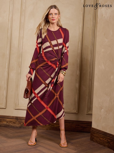 Burgundy Red Check - Love & Roses Long Sleeve Tie Detail Jersey Midi Dress