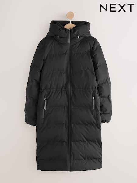Black Waterproof - Shower Resistant Hooded Long Padded Puffer Coat