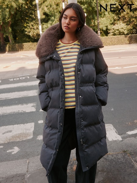 Kömür Boz - Shower-resistant Longline Padded Puffer Coat With Faux-fur Collar