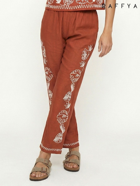 Brown - Raffya Tilly High Waist Embroidered Trousers