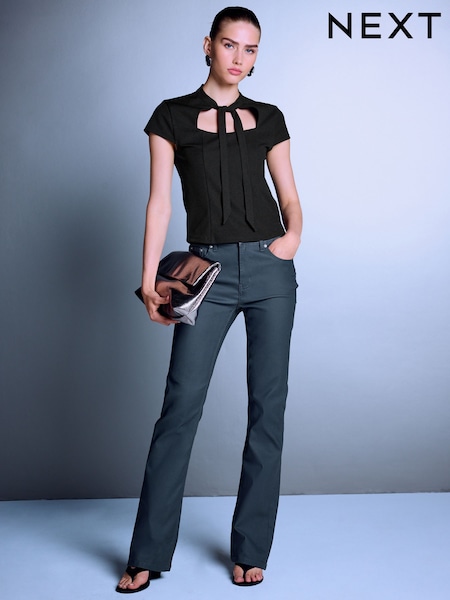鴛鴦藍 - Coated Denim Bootcut Jeans