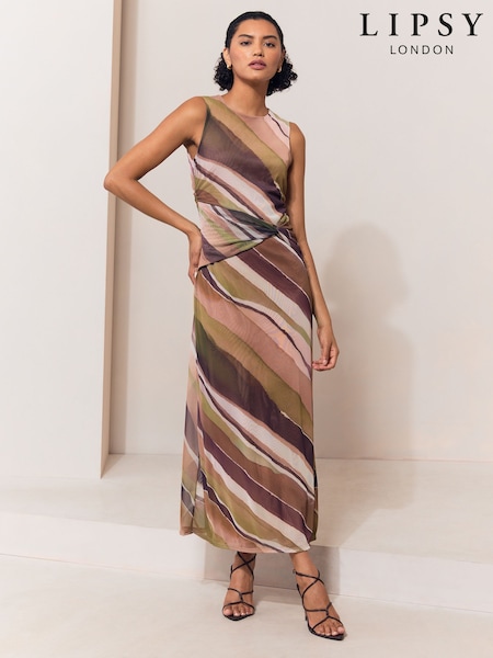 Olive and Burgundy Stripe - Lipsy Mesh Tie Knot Front Sleeveless Midaxi Dress