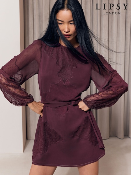 Burgundy Red - Lipsy Lace Dobby Chiffon Mix Tie Waist Mini Dress