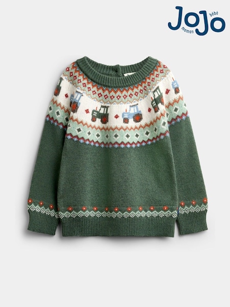 Khaki Green Tractor - Jojo Maman Bébé Fairisle Knitted Jumper