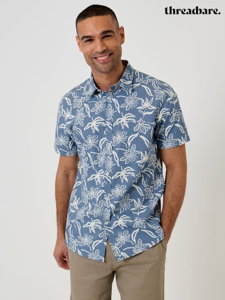 Blue Tropical Print - Regular Threadbare Short Sleeve Shirt