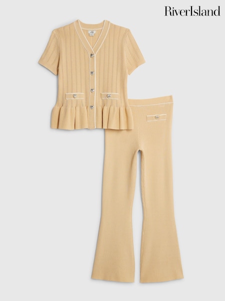 بني - حزمة من سترة كارديغان محبوكة بكشكشة وبنطلون بتصميم واسع من أسفل من River Island