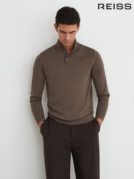 Ridge Brown - Regular Reiss Farnham Wool Half-button Funnel Jumper