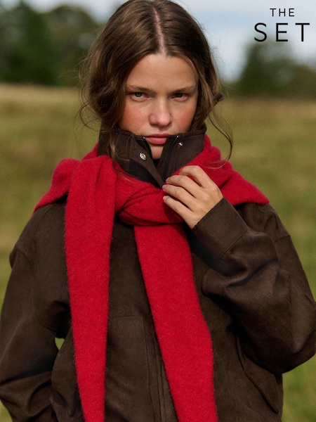 Chocolate Brown - The Set Faux Suede Funnel Neck Jacket