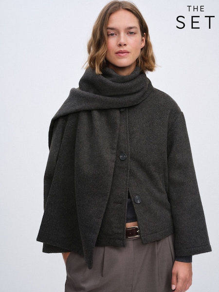 Gris de charbon de bois - Manteau foulard The Set à col cheminée