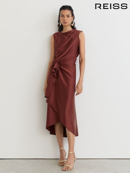 Rust Orange - Reiss Mabel Satin Frill-detail Draped Midi Dress