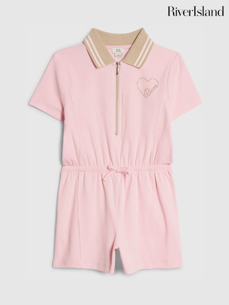 Pink - River Island Ribbed Zip Polo Playsuit
