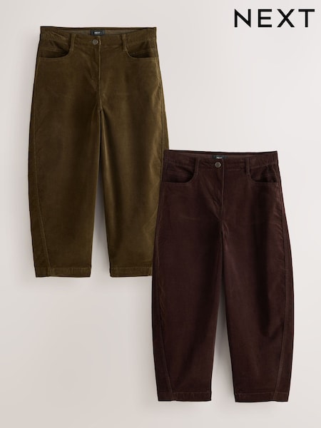 Chocolate Brown/Khaki Green - Corduroy Barrel Leg Trousers 2 Pack