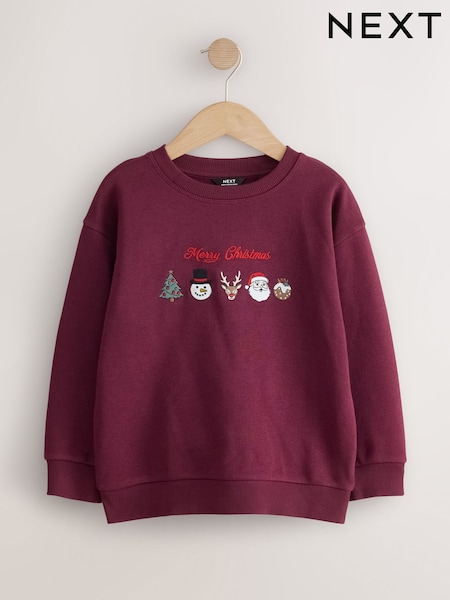 Burgundy Red Embroidery - Christmas Crew Neck Sweater (3-16yrs)
