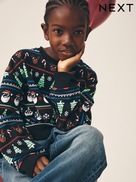 Black All Over Print - Christmas Crew Neck Sweater (3-16yrs)