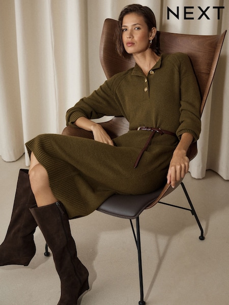 Khaki Green - Supersoft Crew Neck Long Sleeve Knit Dress