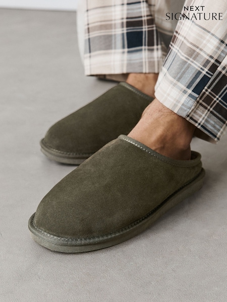 Zielony - Regular Faux Fur Lined Signature Suede Mule Slippers