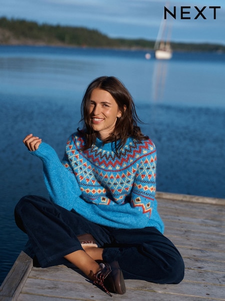 Cobalt Blue Fairisle - Relaxed Long Sleeve Crew Neck Jumper With Wool
