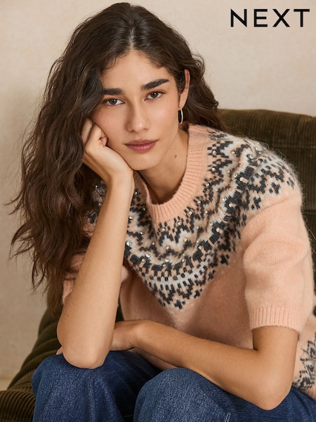 Pink Fairisle Embellished - Knitted Short Sleeve Jumper