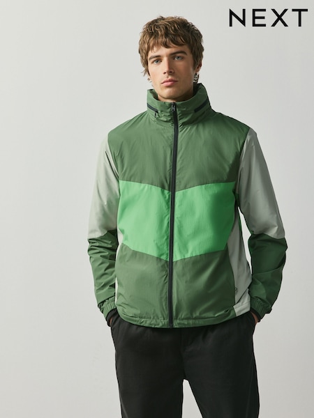 أخضر - Regular Shower Resistant Colourblock Jacket