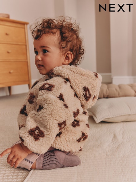 Naturel en chocolade bloemig - Borg Baby Zip Thru Jas (0maanden -2jaar)