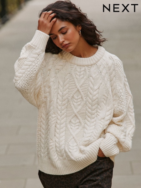 Ecru - Cable Knit Long Sleeve Crew Neck Jumper