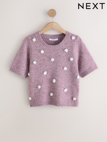 Lilac Purple - Crew Neck Short Sleeve Embellished Knit Jumper
