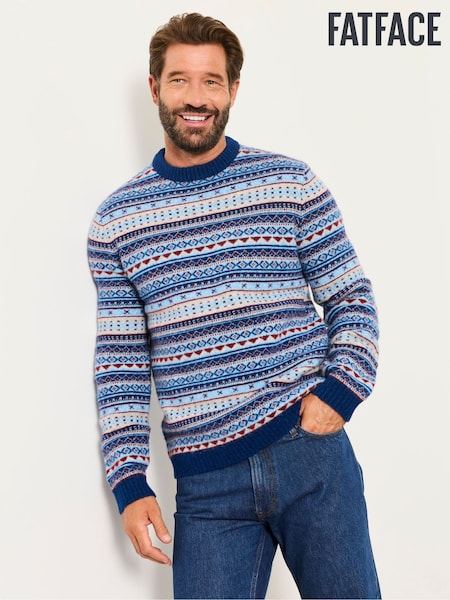 Blue - Regular Fatface Fairisle Knitted Crew Neck Jumper