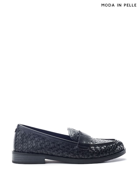 Schwarz - Moda In Pelle Farenza Flat Leather Woven Detail Loafers