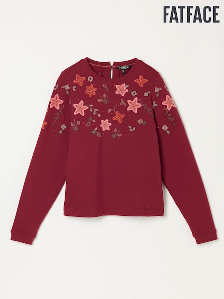 Burgundy Red - Fatface Embroidered Floral Crew Sweat Top