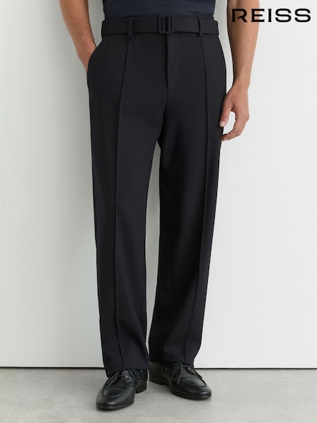Navy - Regular Reiss Peshi Relaxed-fit Belted Pintuck Trousers