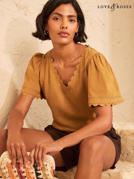 Yellow Ochre - Love & Roses V-neck T-shirt