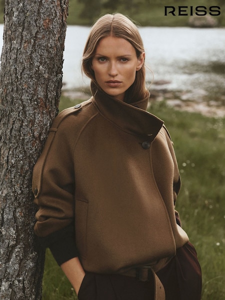 Хаки жасыл - Reiss Lea Wool-blend Funnel-neck Blindseam Coat