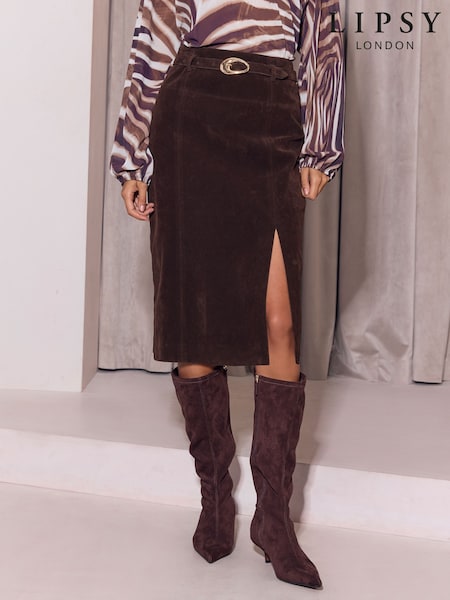 Chocolate Brown - Lipsy Belted Side Split Midi Skirt