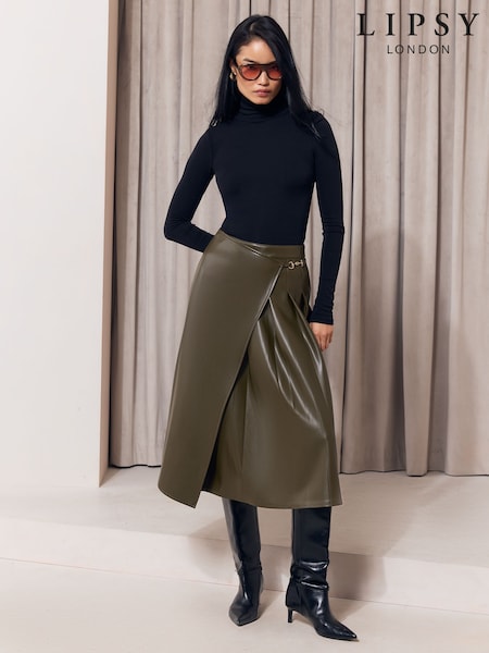 Olive Green - Lipsy Faux Leather Gold Trim Pleated Midi Skirt