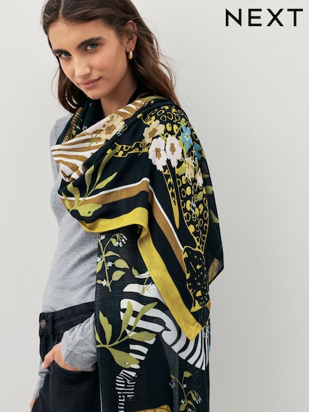 Black/Gold Floral Print - Lightweight Scarf