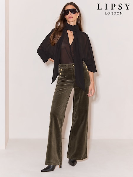 Oliwkowa zieleń - Lipsy High Waist Sailor Buttons Wide Leg Jeans