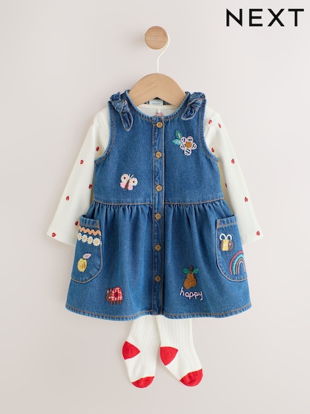 Denim bordado - Pinafore And Bodysuit Baby 3 Piece Set With Tights (0mths-2yrs)