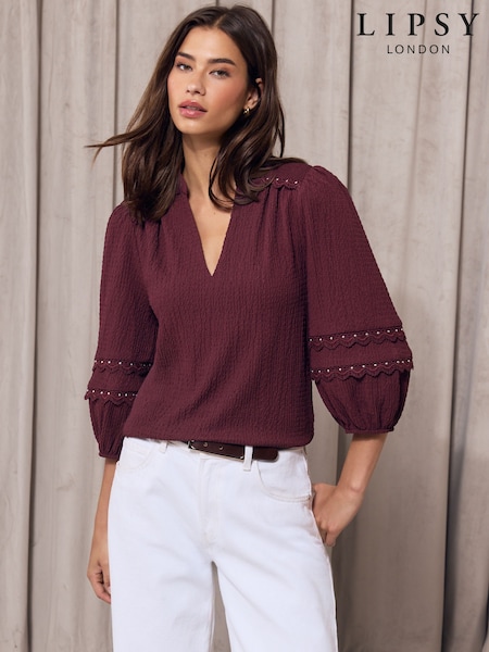 Burgundy Red - Lipsy Stud Detail Crinkle Jersey Top
