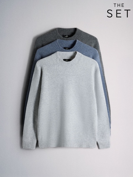 Grey/Blue - Regular The Set 3 Pack Soft Knit Crew Jumper