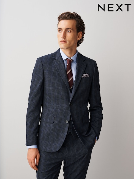 Navy - Regular Slim Fit Check Suit Jacket
