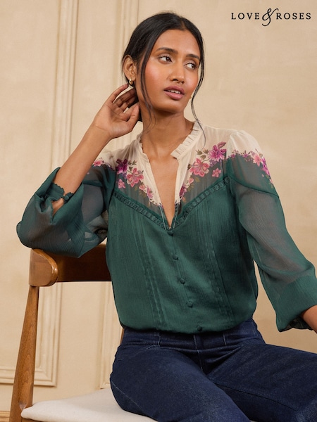 Green Floral - Love & Roses Touch Of Print Long Sleeve Blouse