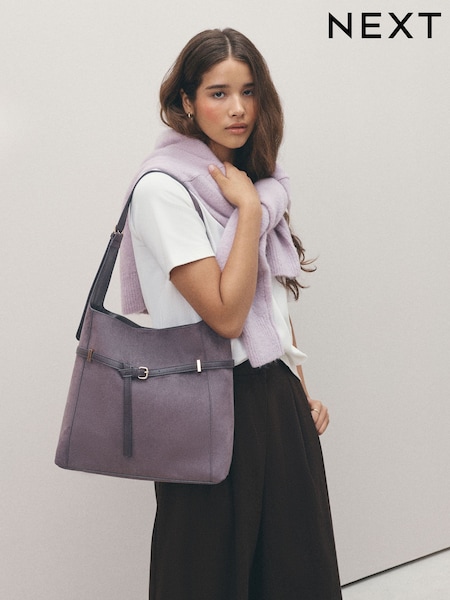 Grey - Belted Slouchy Shoulder Bag