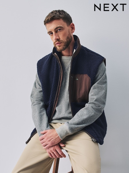 أزرق داكن أزرق - Regular Contrast Nylon Paneled Borg Gilet Fleece