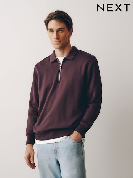 Burgundijas sarkans - Regular Regular Fit Zip Neck Polo Sweatshirt