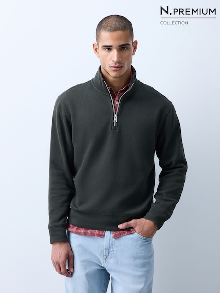 أخضر صنوبر - Regular N.premium Smart Rib Textured Quarter Zip Sweat Top