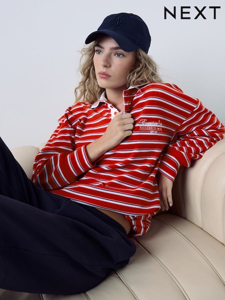 Red - Velour Striped Rugby Top