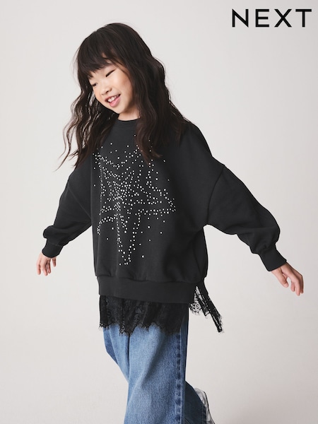 Charcoal Grey Stud Star - Lace Trim Sweatshirt (3-16yrs)