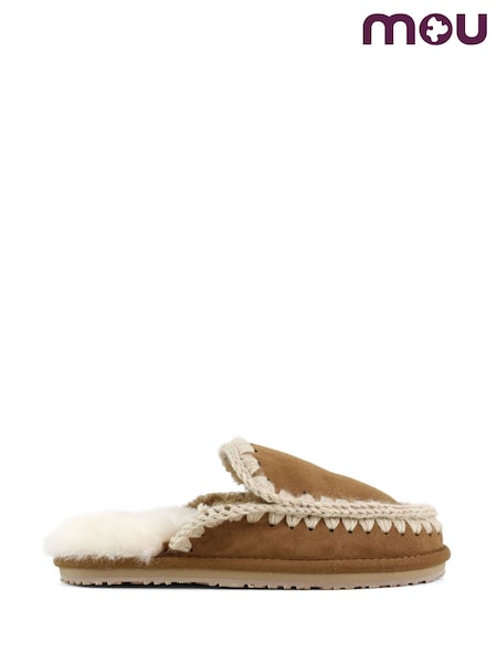 Brown - Mou Suede Full Eskimo Sheepskin Lined Stitch Mule Slippers